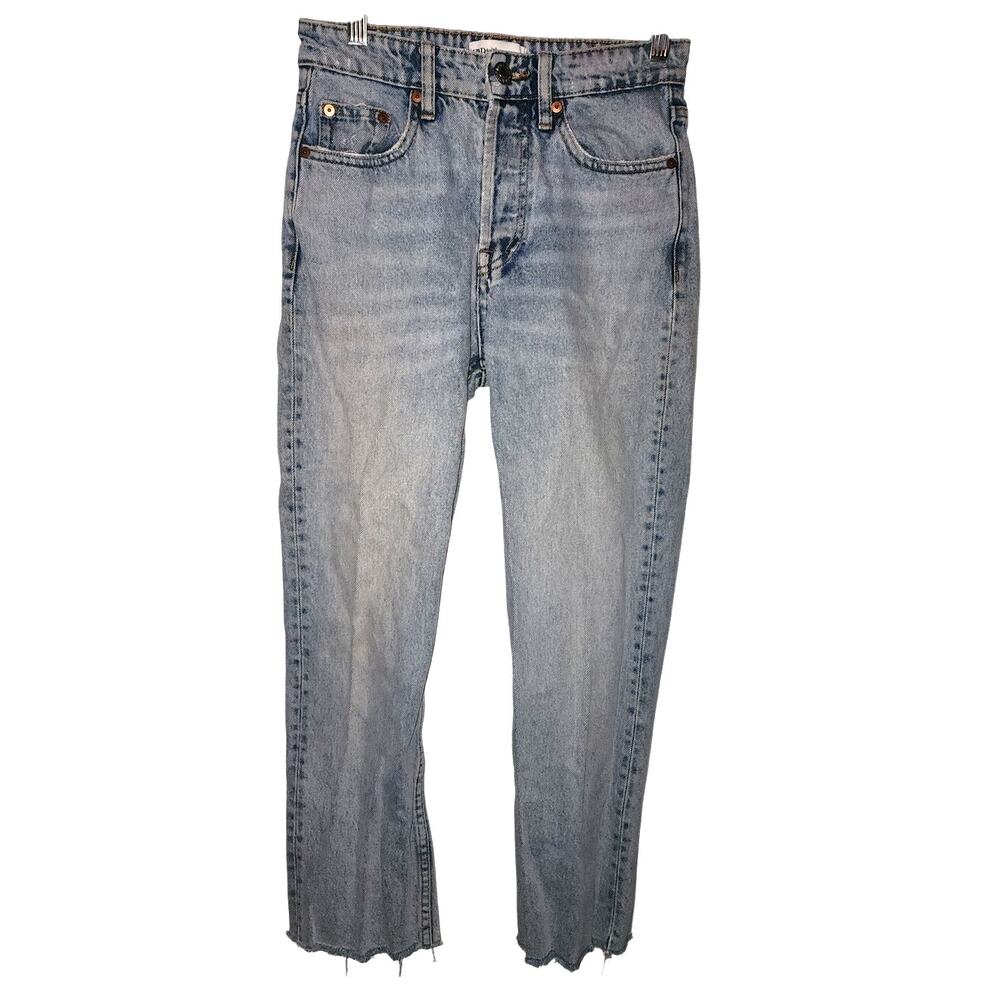 Zara Button Fly Raw Hem Light Wash Tapered Legs Size 2